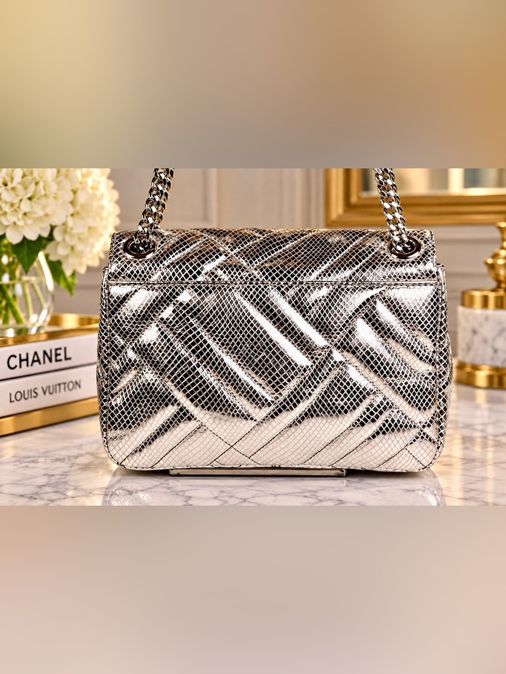 Michael Kors Metallic Silver Snake Embossed Quilted Shoulder Crossbody Bag - Picture 5 of 14
